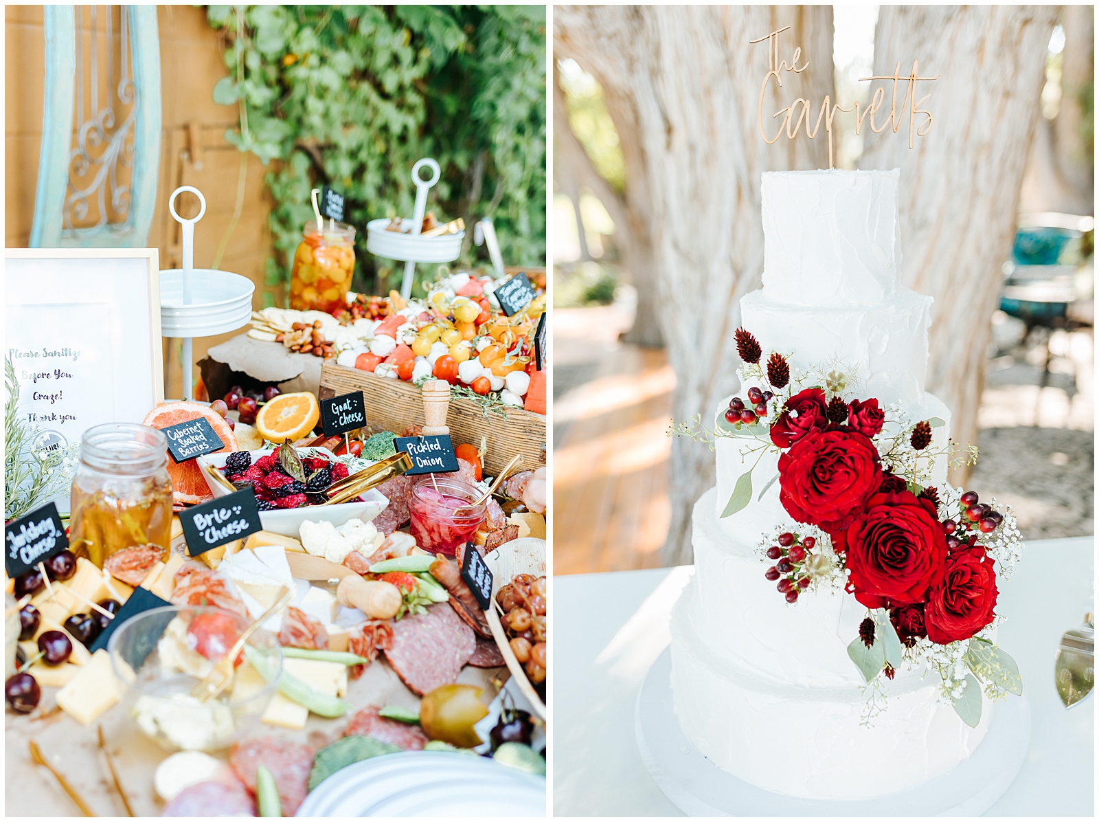 Charcuterie Board and Beautiful Tiered Cake with Red Florals by Greg Marsh