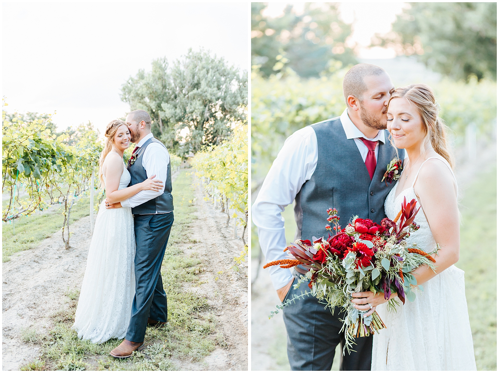 Fox Canyon Vineyards Wedding Husband and Wife Golden Hour Photos with Red Bridal Bouquet