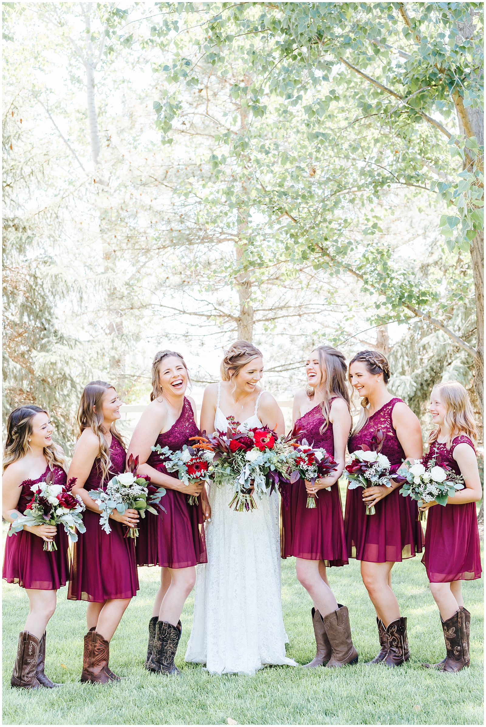 Bridesmaids in Wine Red with Cowboy Boots at Fox Canyon Vineyards Wedding