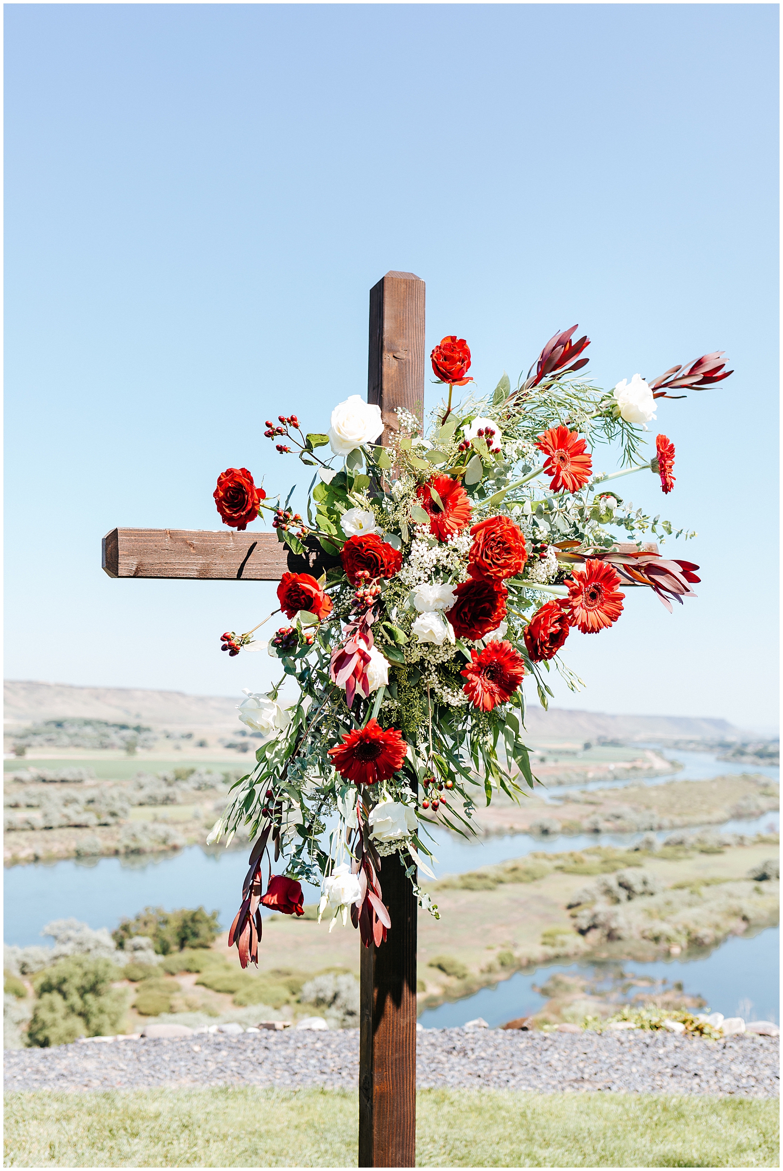 Wedding Ceremony Cross with Florals overlooking Fox Canyon Vineyards