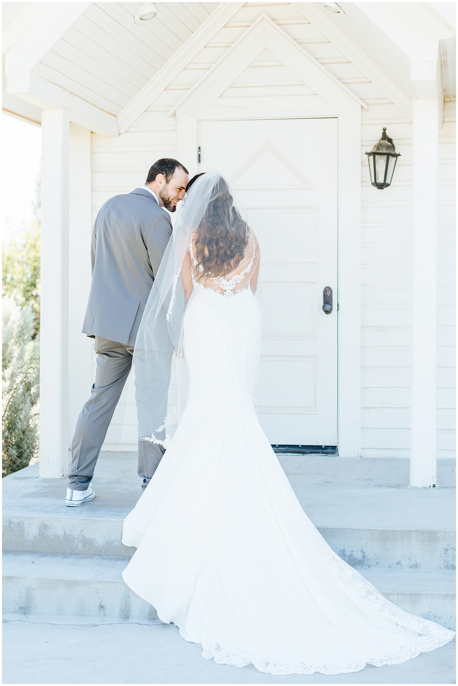 Bride and Groom First Look at Summer Still Water Hollow Wedding
