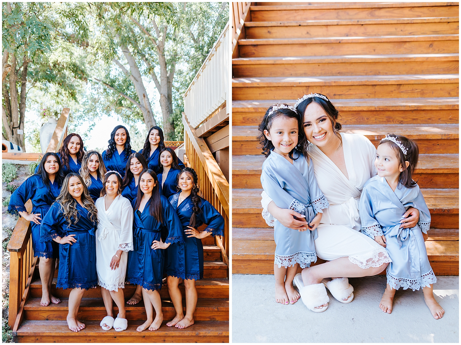 Bridesmaids in Matching Navy Robes with Custom Monograms and Flower Girls