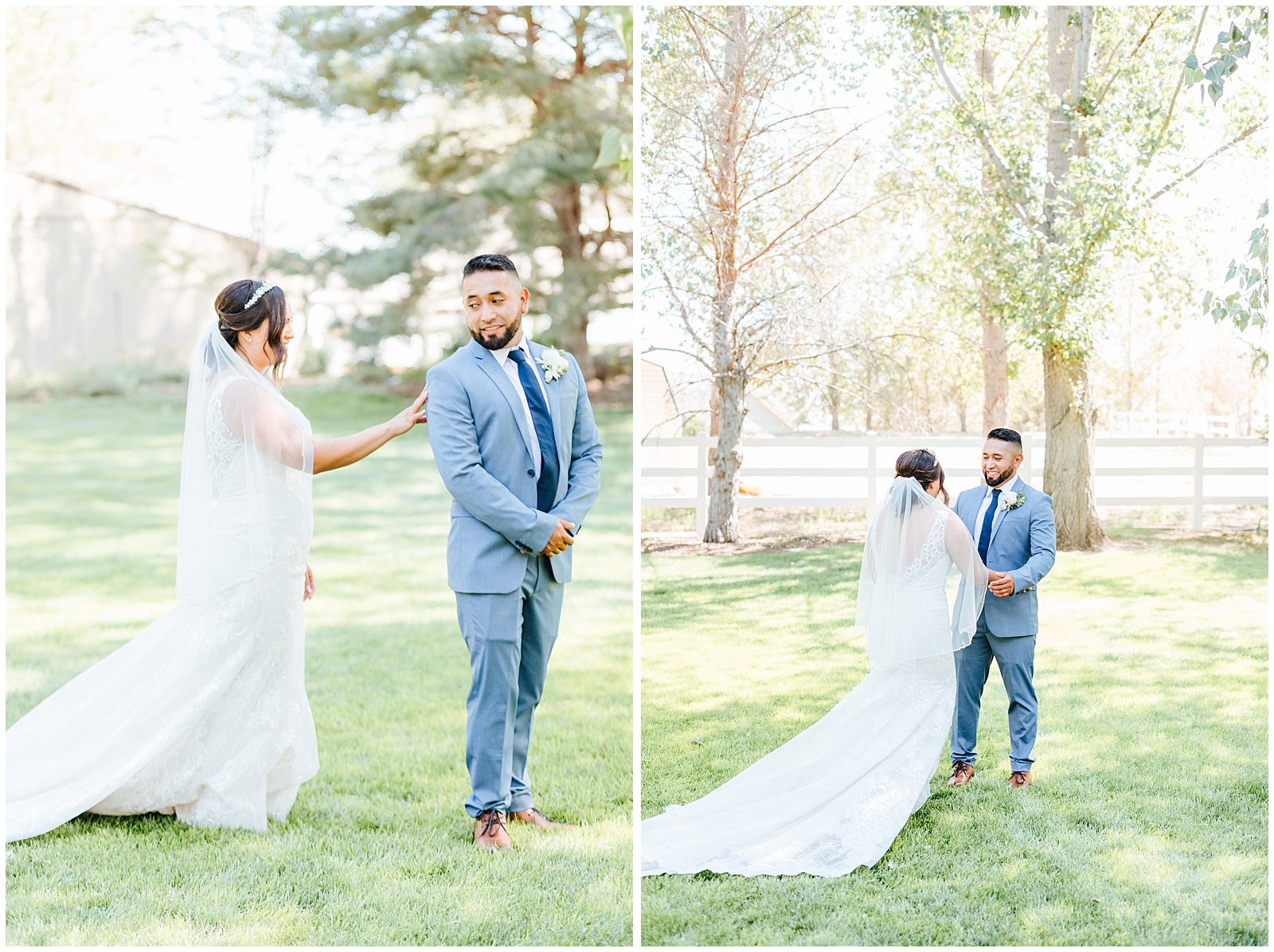 Bride and Groom's First Look at Dusty Blue Fox Canyon Vineyards Wedding