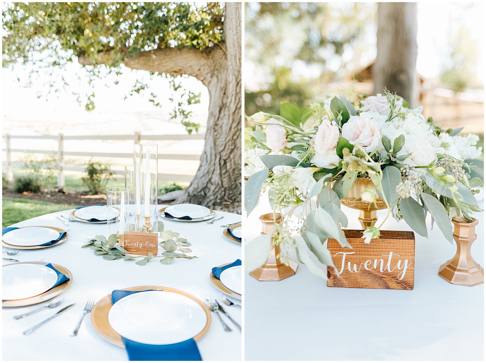 Gorgeous Navy and Gold Tablescape settings with candles, custom table numbers, and Gold Chargers at Dusty Blue Fox Canyon Vineyards Wedding