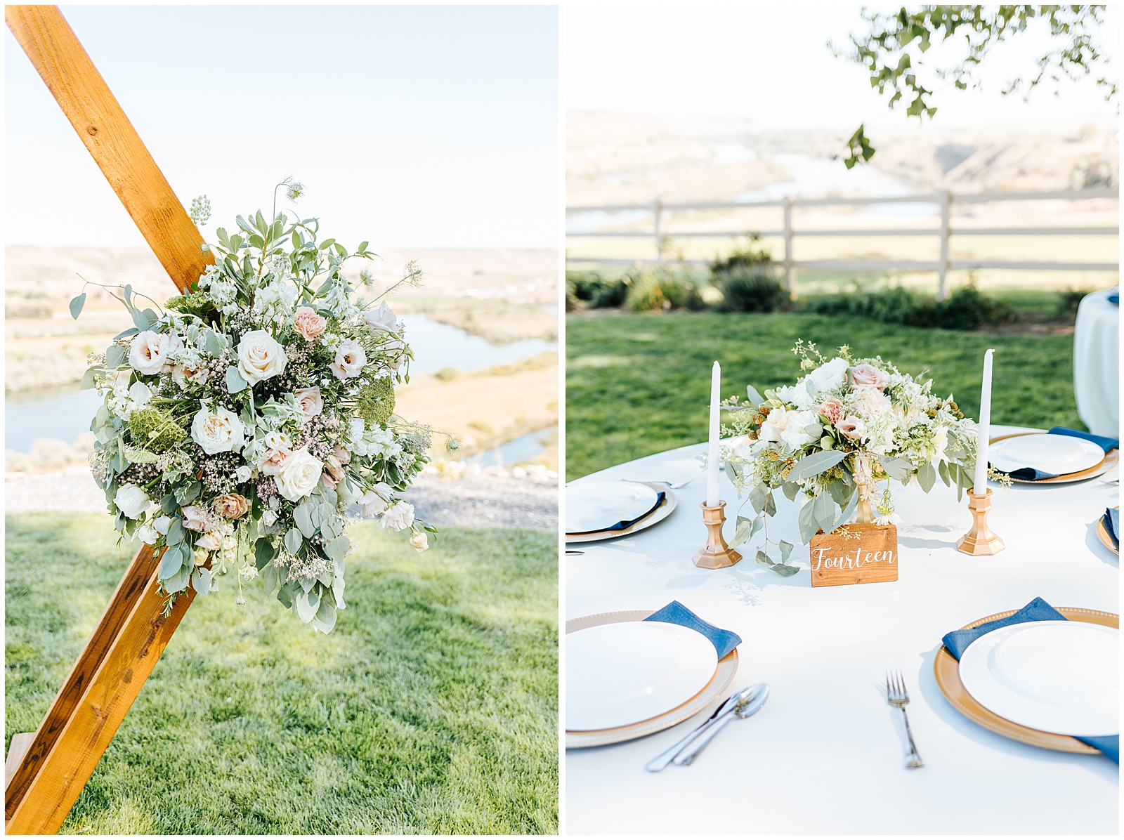 Dusty Blue Fox Canyon Vineyards Wedding Tablescape with Navy and Gold Accents