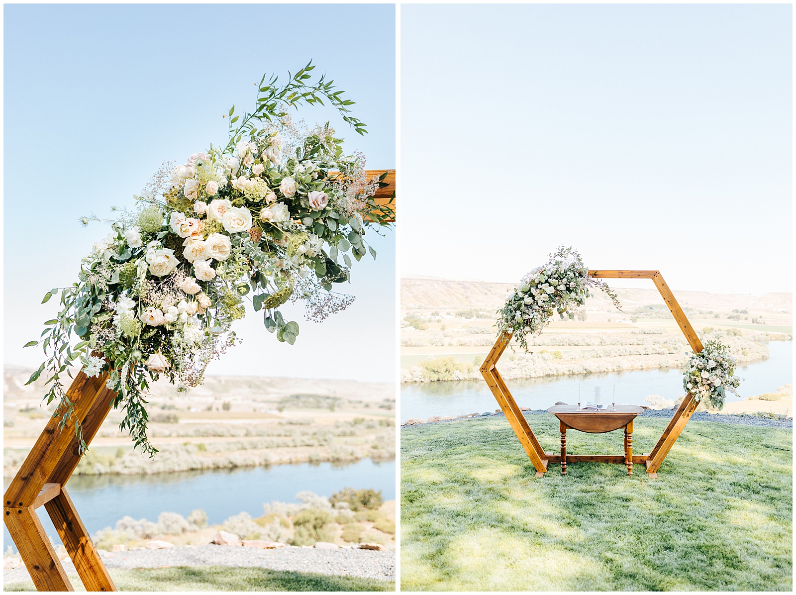 Gorgeous Hexagon Ceremony Arch with Floral Pieces overlooking Canyon at Fox Canyon Vineyards Wedding