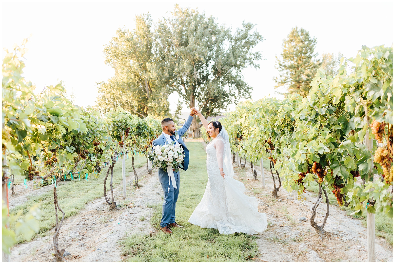 Dusty Blue Fox Canyon Vineyards Wedding Twirling in the Vineyard at Golden Hour