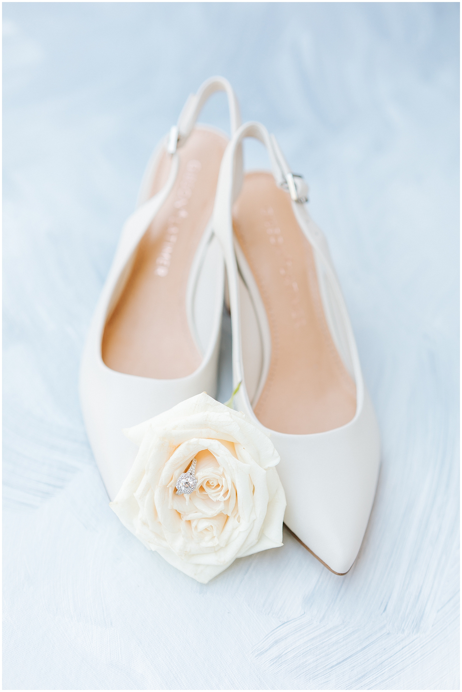 Nude heels with white rose and ring detail