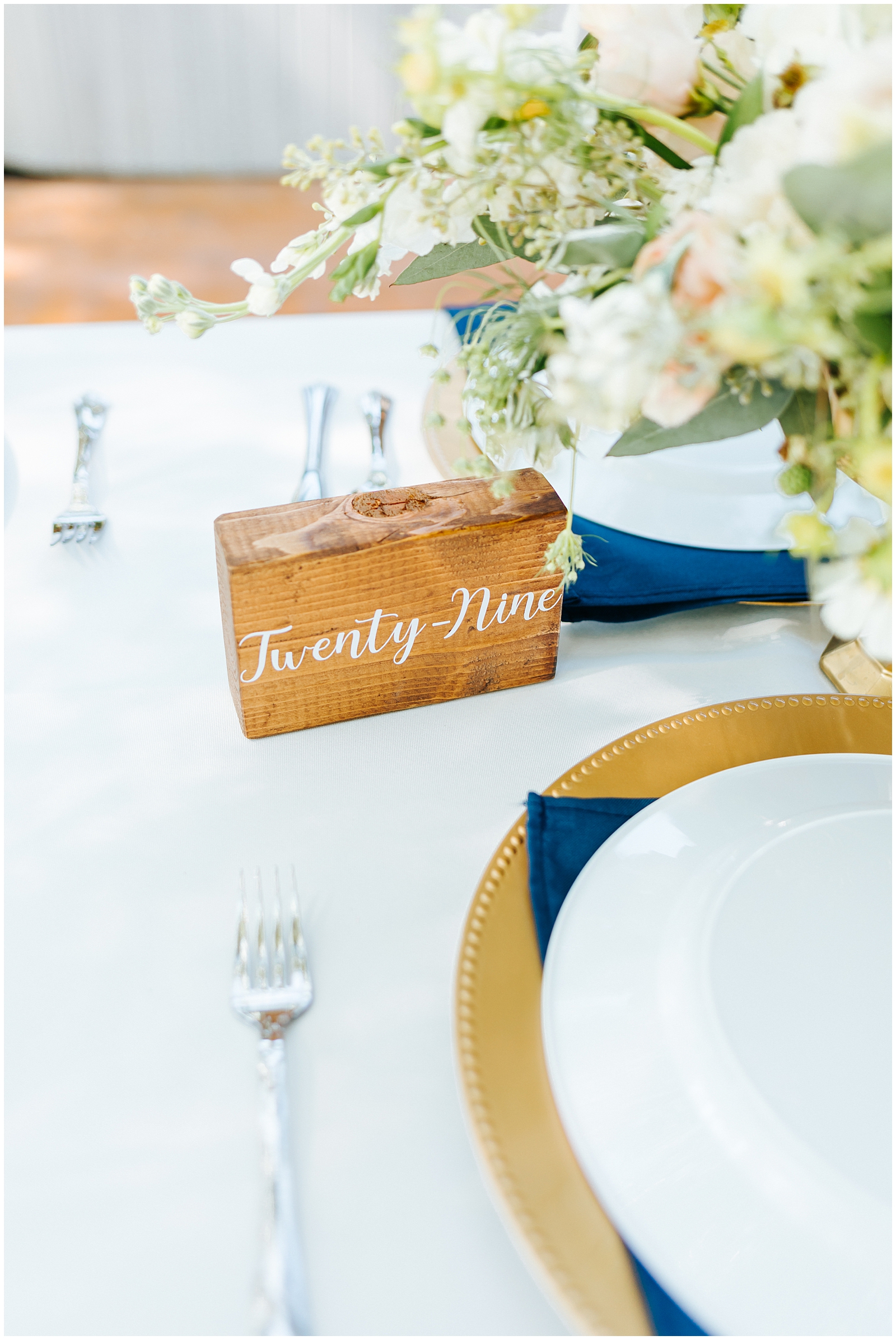 Table Place Setting Table Numbers on Wood Block with Acrylic and Gold Chargers