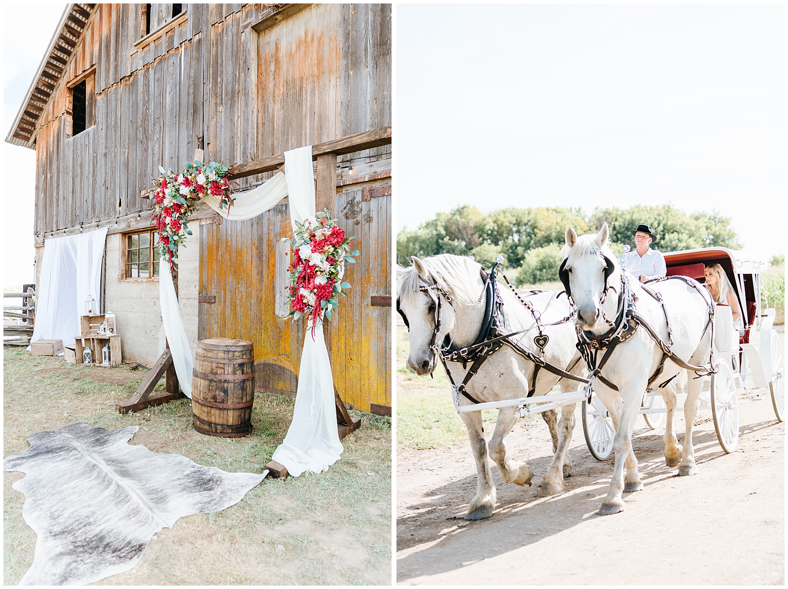 Rustic Barn Wedding with Arbor and Horse Drawn Carriage for the Bride at Private Idaho Ranch Wedding
