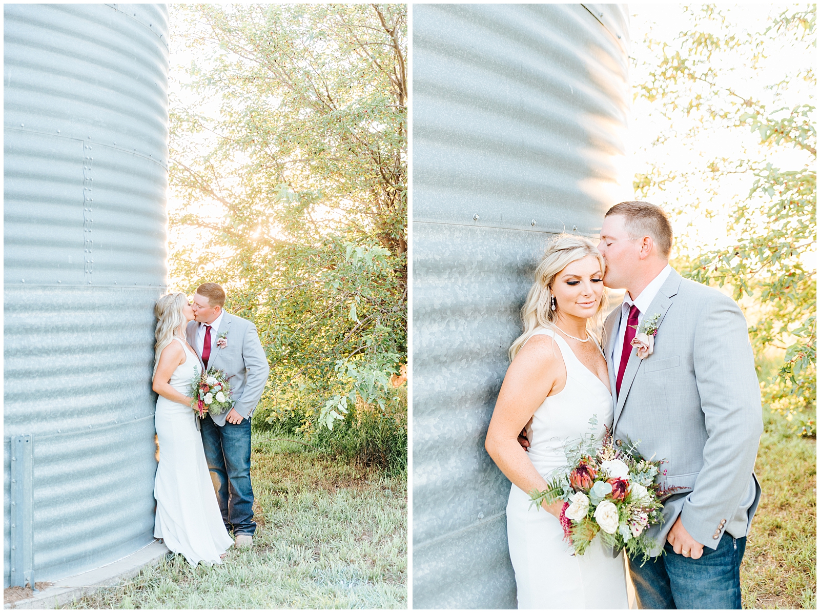 Husband and Wife Golden Hour Portraits with Grain Bin Silo at Ranch Wedding