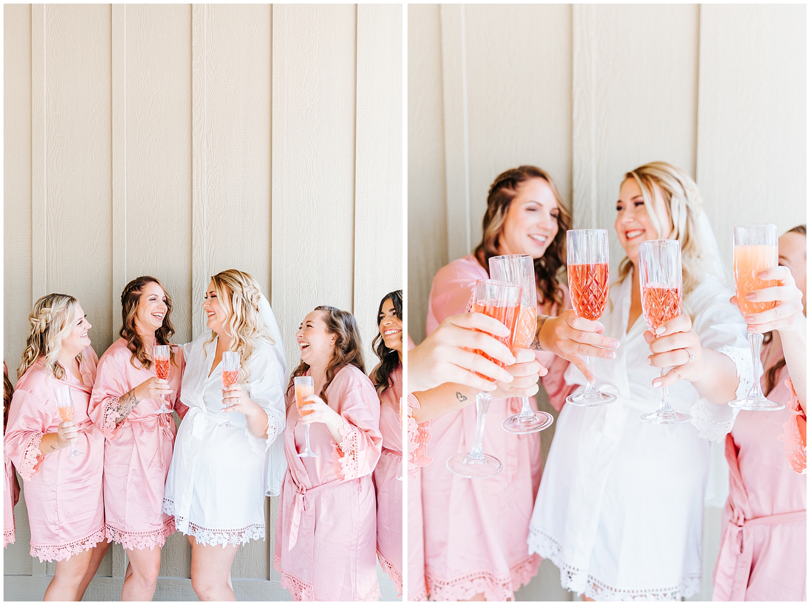 Bridesmaids in Matching Robes with pink mimosas