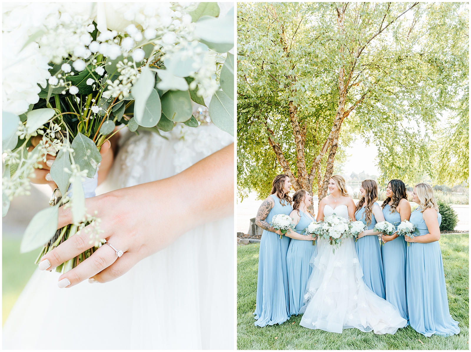 Bride with her Bridesmaid sin Dusty Blue Dresses