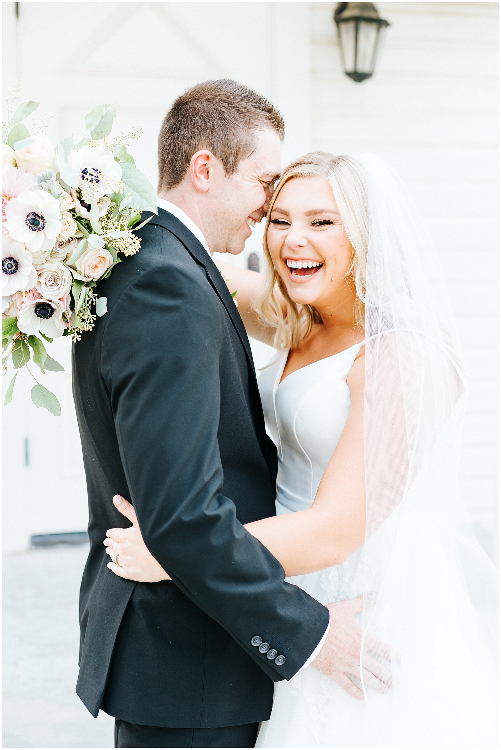 Giggly Bride and Groom Portraits at August Still Water Hollow Wedding 