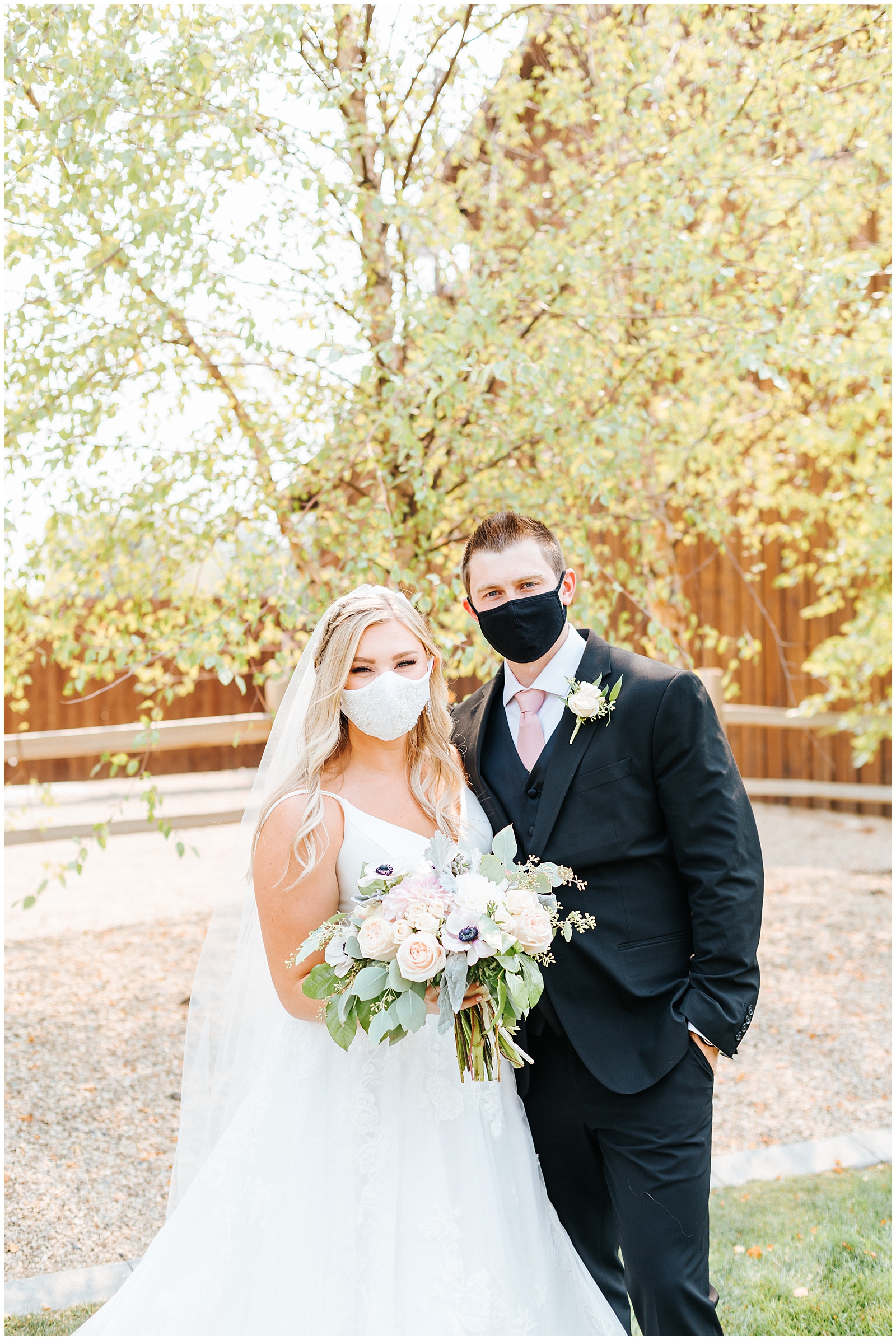 Bride and Groom Covid Face Masks August Still Water Hollow Wedding 