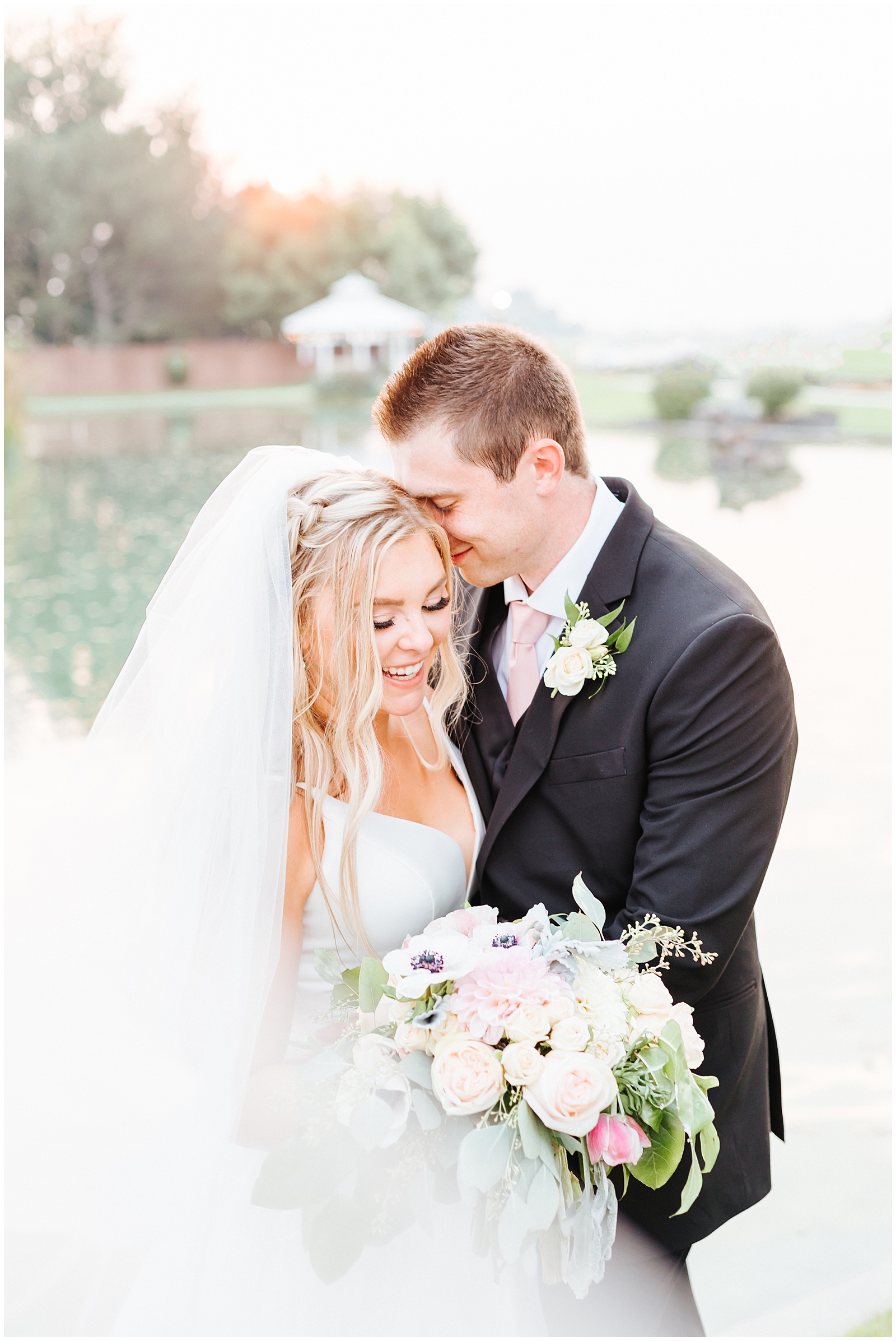 Husband and Wife Golden hour Portraits at August Still Water Hollow Wedding Swooping Veil
