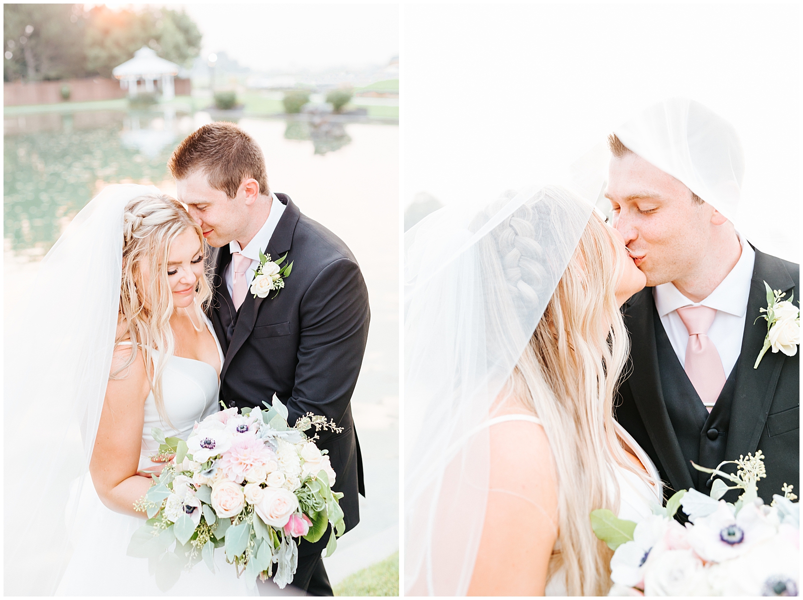 Husband and Wife Golden hour Portraits at August Still Water Hollow Wedding with Swooping Veil