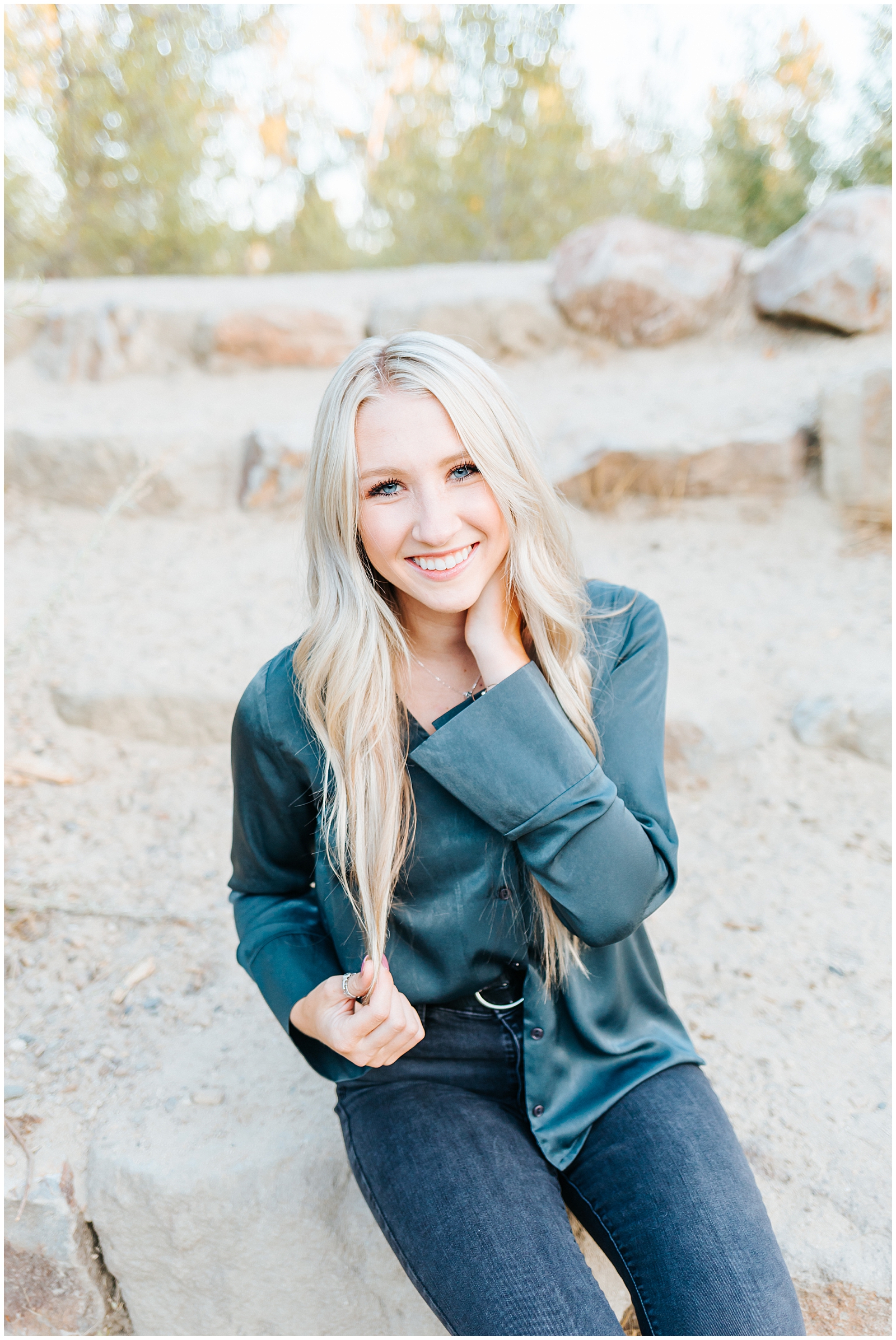 Dreamy Senior Session by the Boise River in Green Silk Shirt