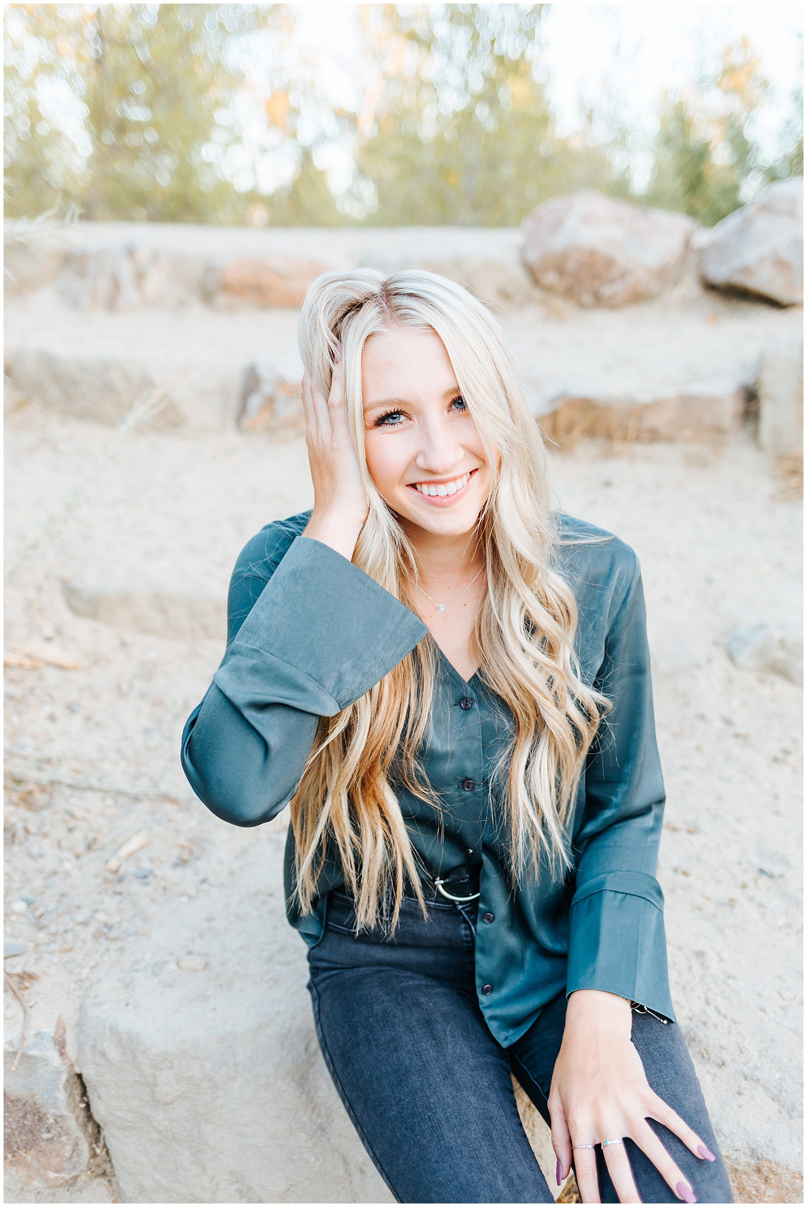 Dreamy Senior Session by the Boise River in Green Silk Shirt