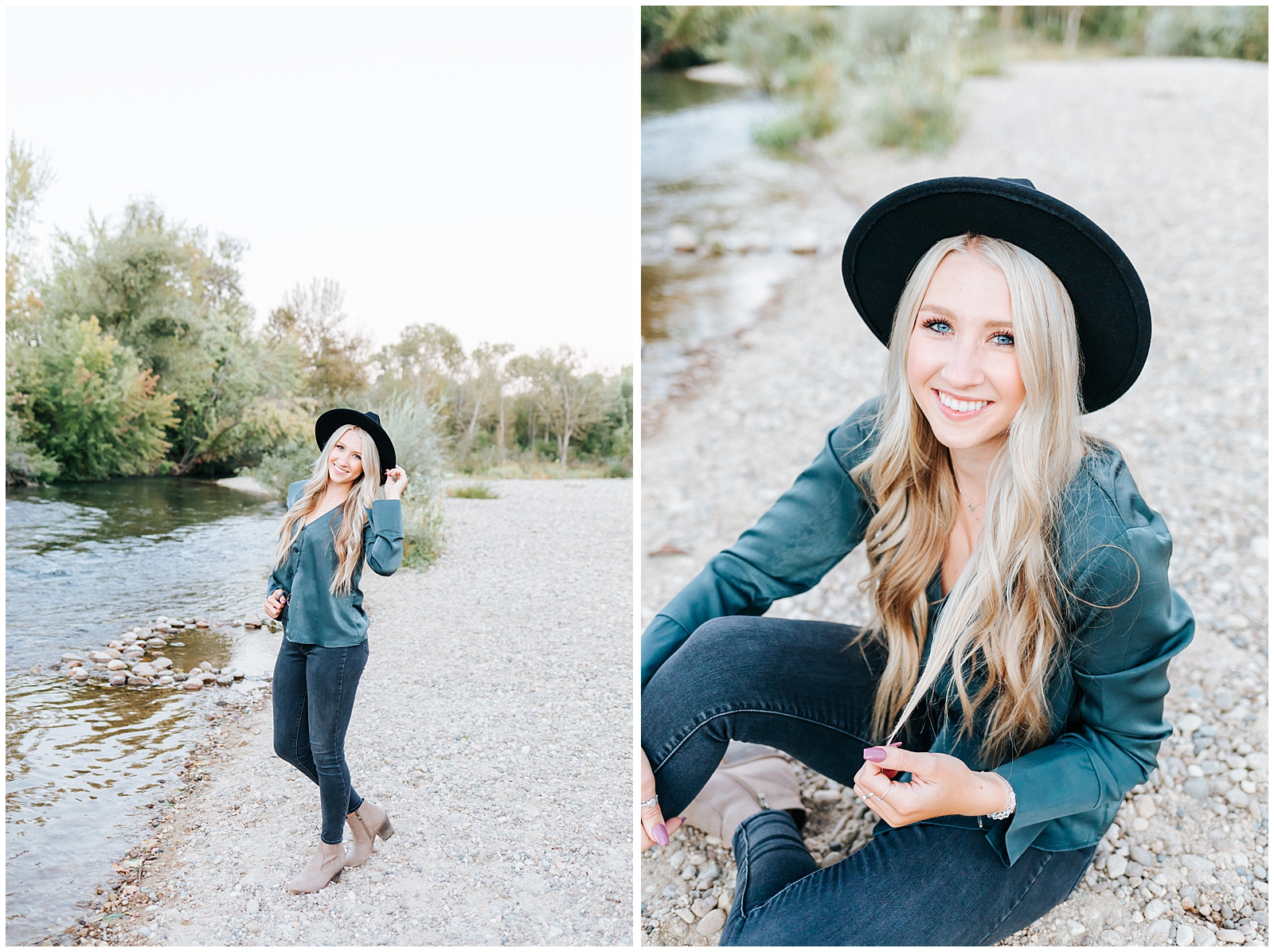 Dreamy Senior Session by the Boise River with trendy black hat