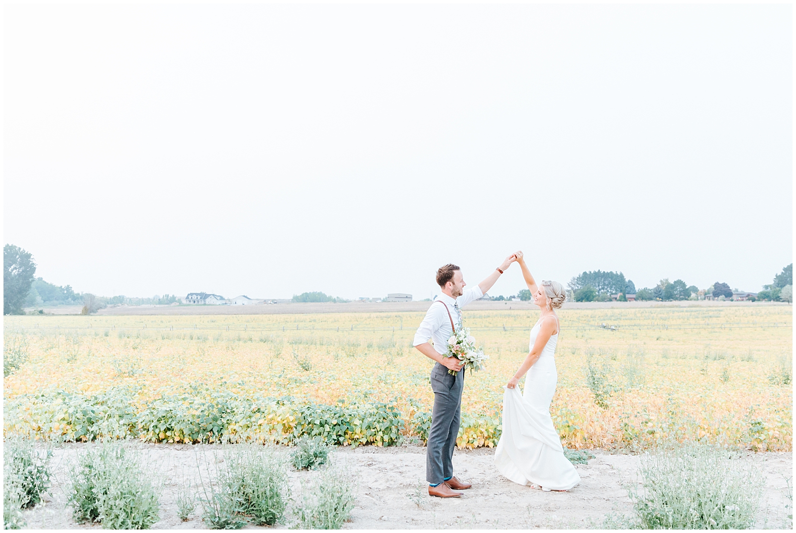 Husband and Wife Golden Hour Portraits in the Fields at Romantic Deer Flat Ranch Wedding