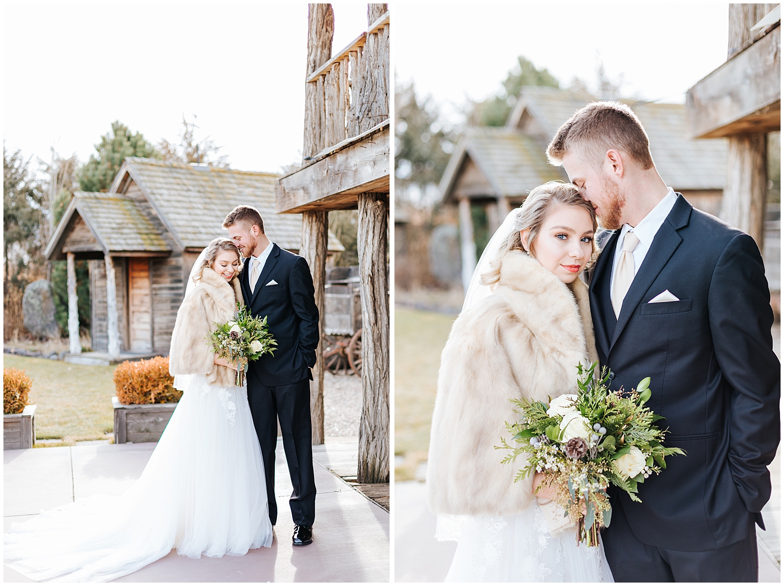 Winter Still Water Hollow Wedding Bride and Groom Portraits with Mink Fur