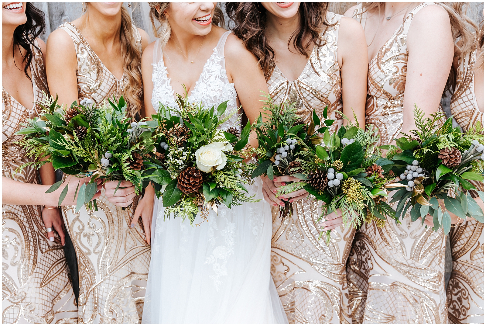 Winter Still Water Hollow Wedding Bridesmaids bouquets with gold dresses