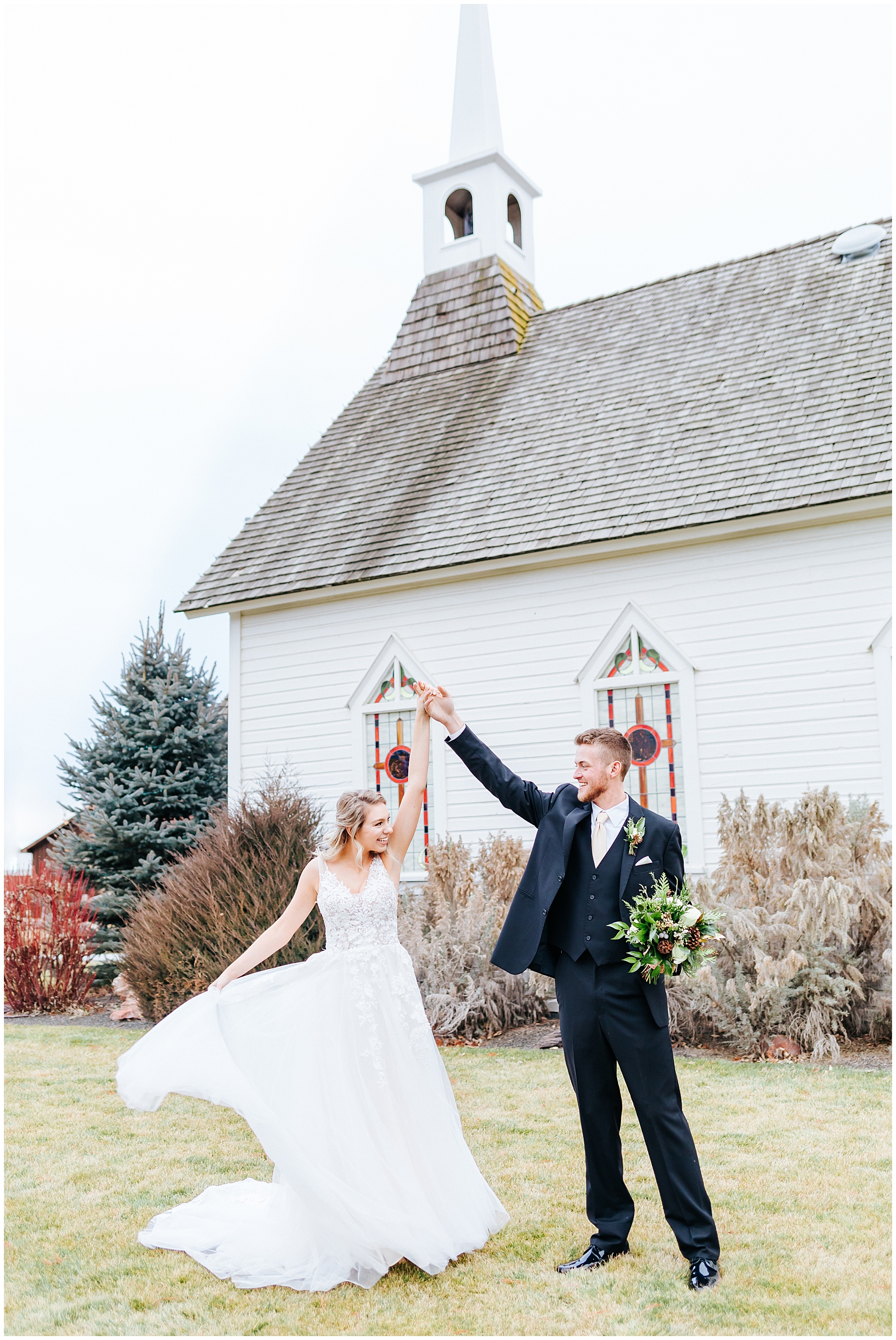 Winter Still Water Hollow Wedding Husband and Wife Portraits Twirling