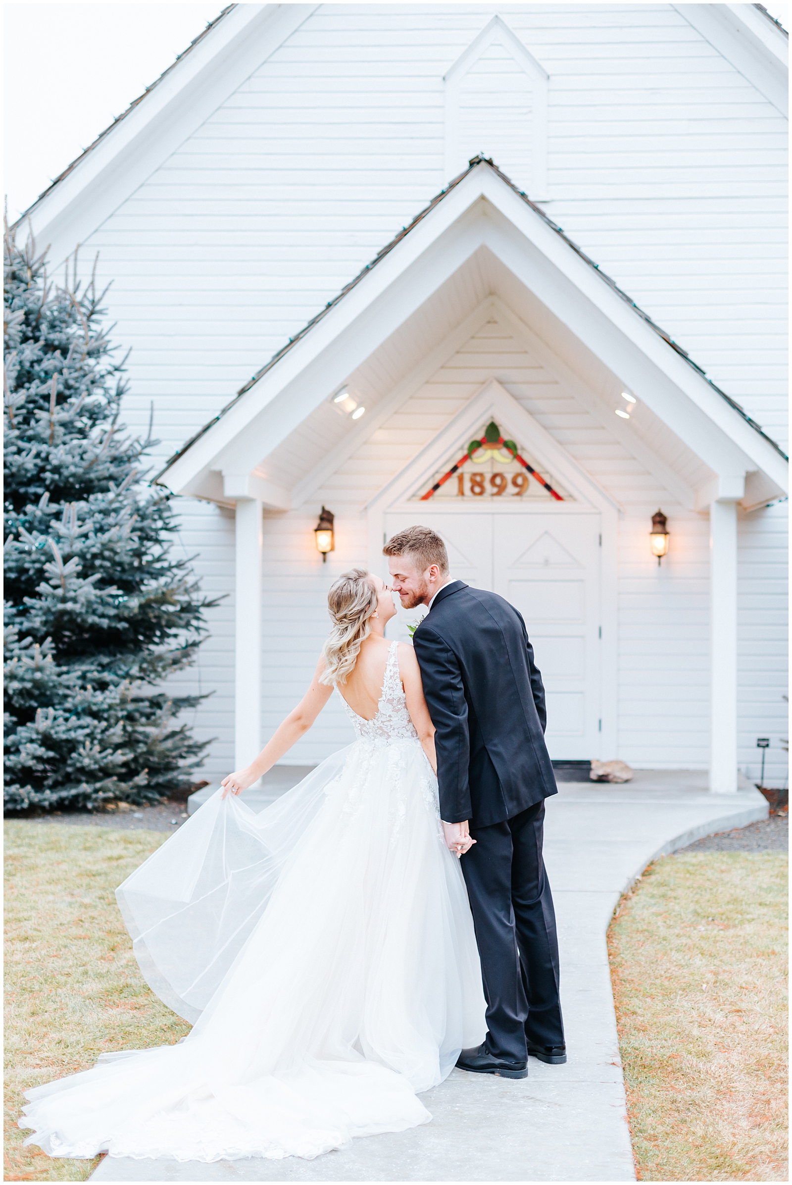 Winter Still Water Hollow Wedding Bride and Groom Portraits by the Chapel