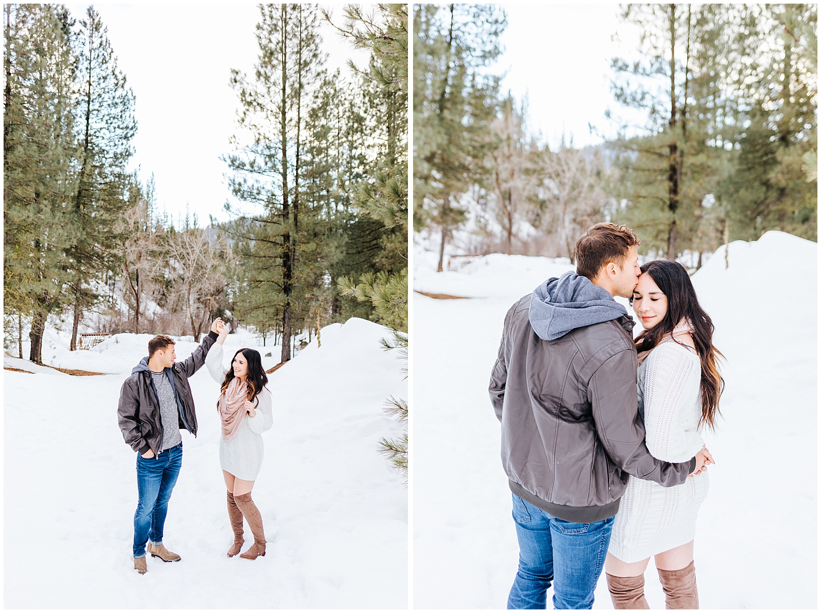 Idaho City Mountain Engagement Twirling in Snow