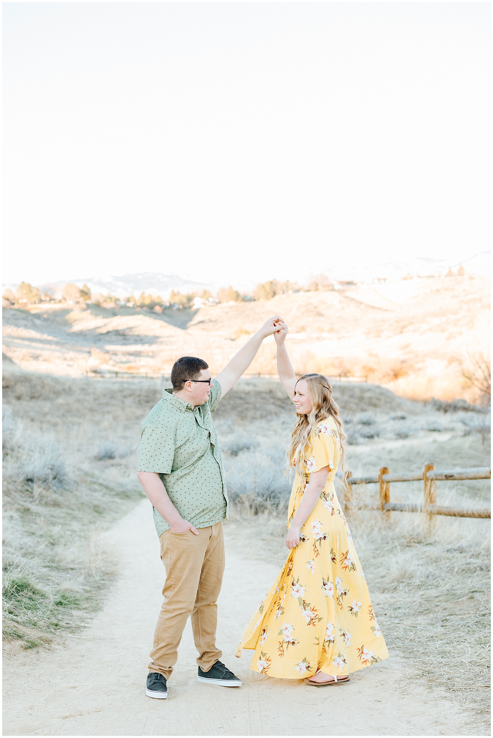 Spring Engagement Session in Yellow and Green Bride to be Twirling