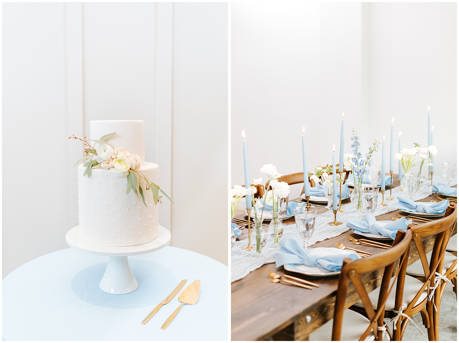 Classic Elegant Florida Wedding with White Cake and Exposed Wood Farm tables with Dusty Blue