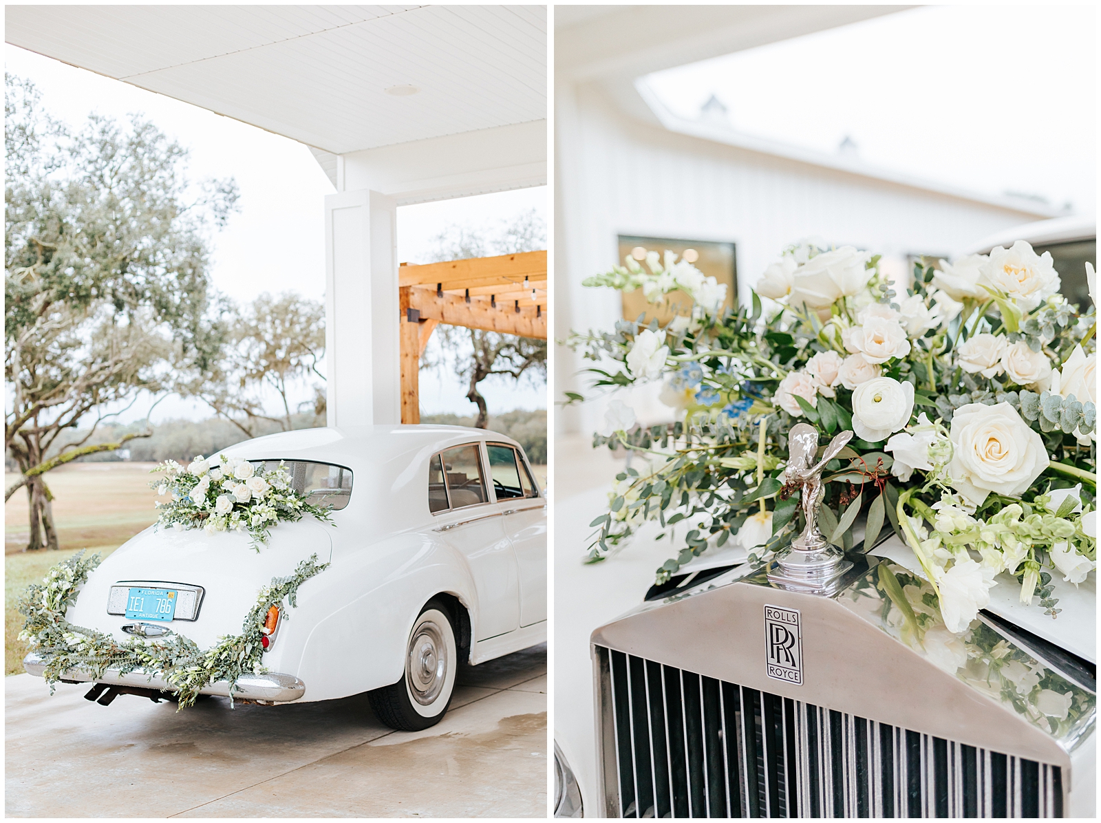 Vintage White Rolls Royce with Floral Garland at Wedding