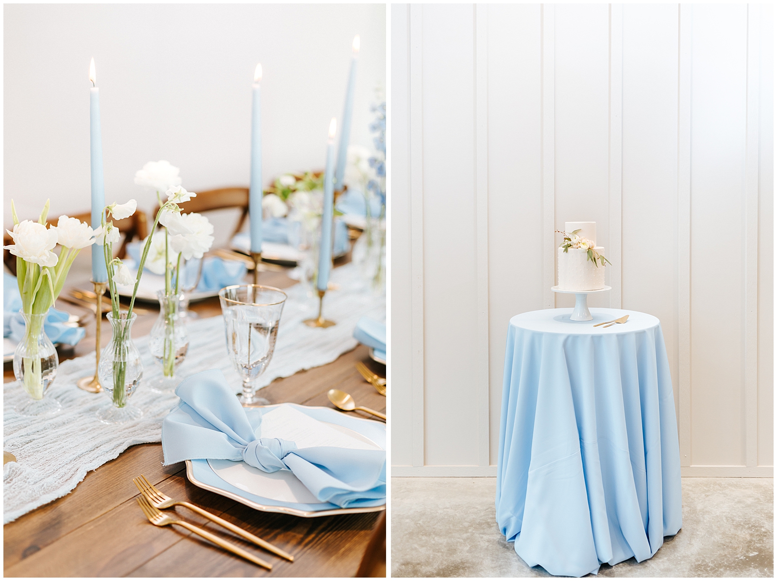 Classic Elegant Florida Wedding Tablescape and Cake with gold stemware, dusty blue accents and Candles