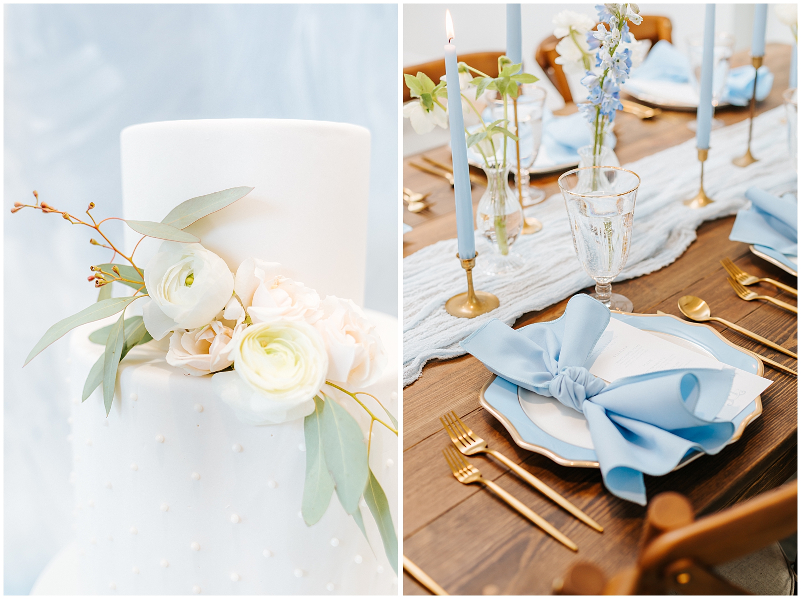 White Classic Cake with Florals and wood farm table with gold flatware and dusty blue accents