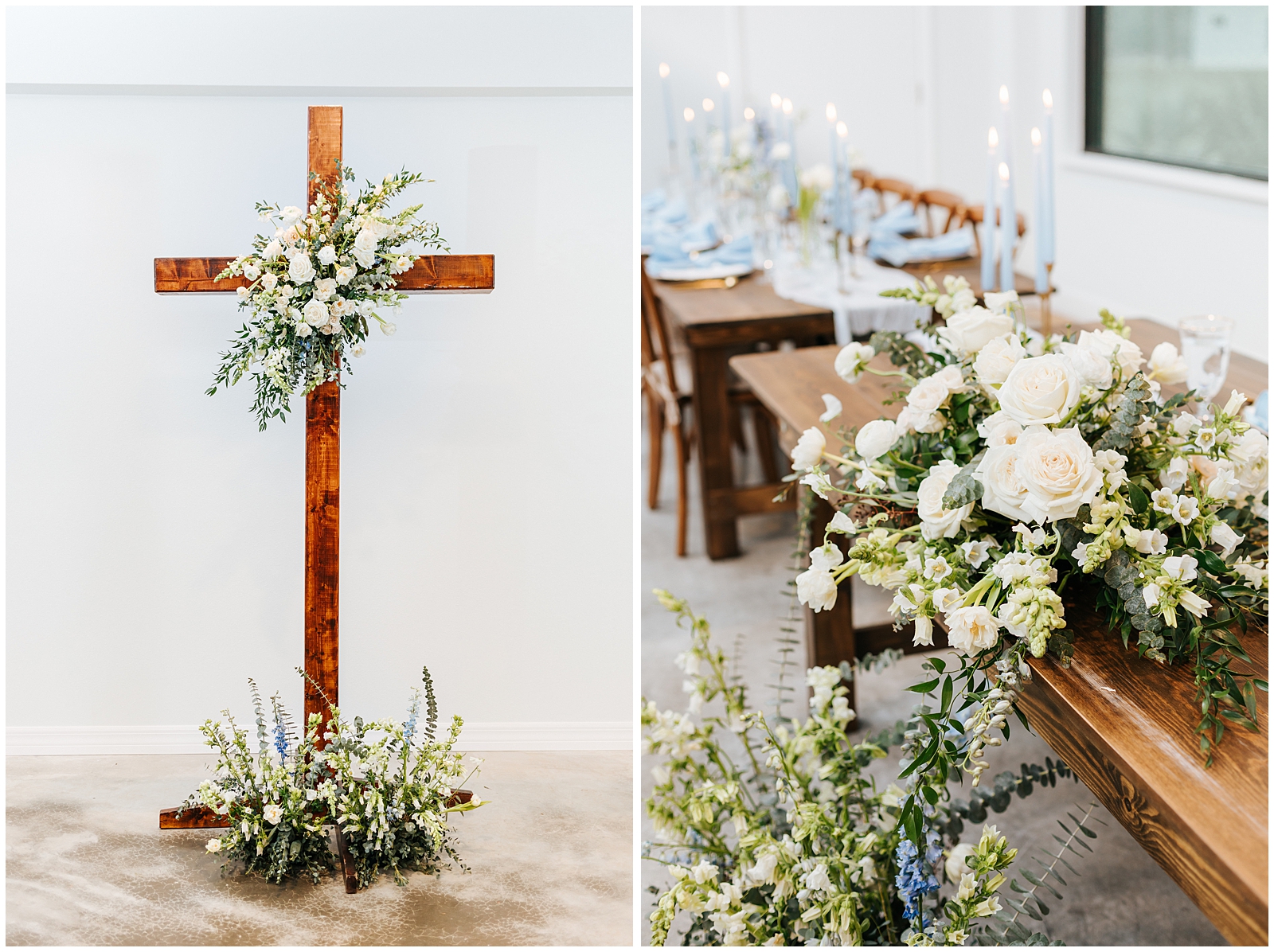 Wooden Cross for ceremony altar with floral installation and tablescape