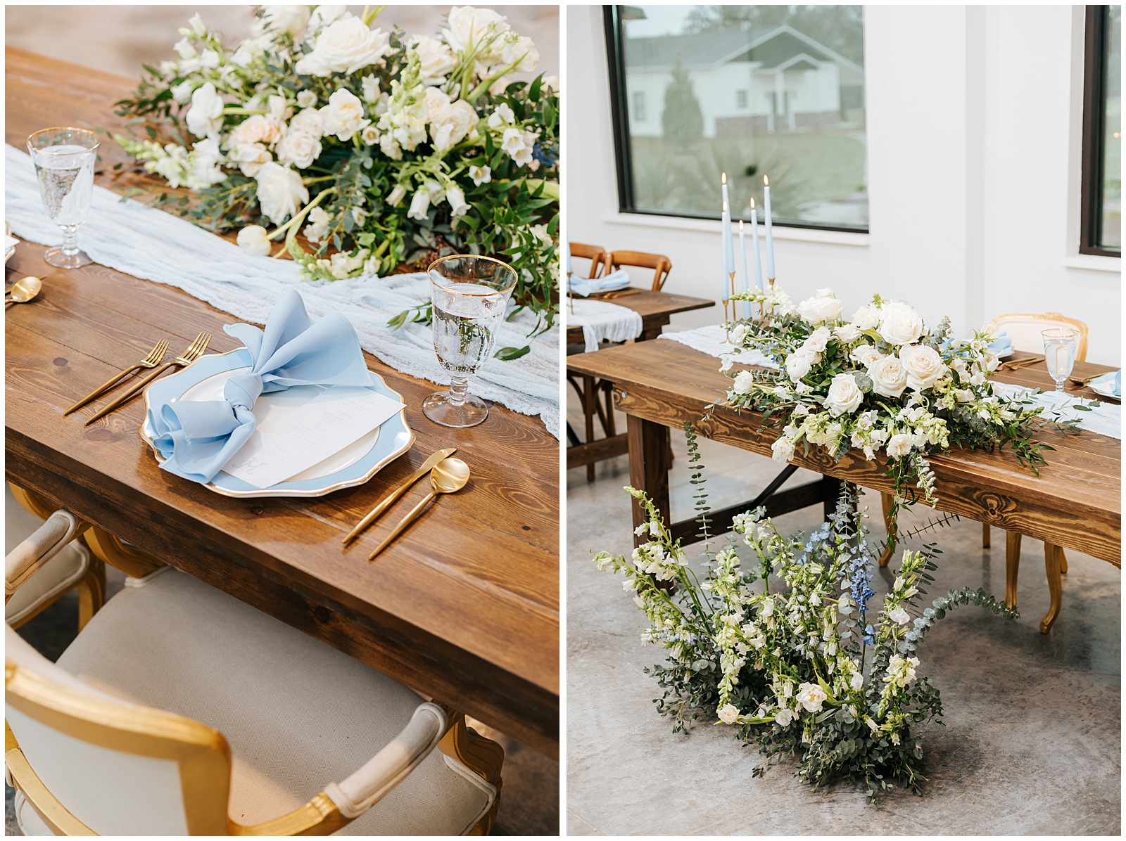 Exposed Wood Farm Tables with dusty blue runners, florals, and gold flatware at Classic Elegant Florida Wedding