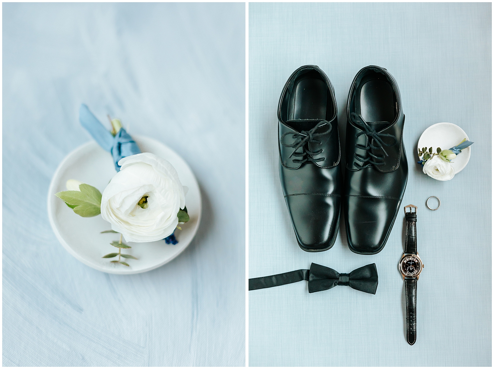 The Groom's Details - Patek Philippe Watch, Black Bow Tie and Boutionniere