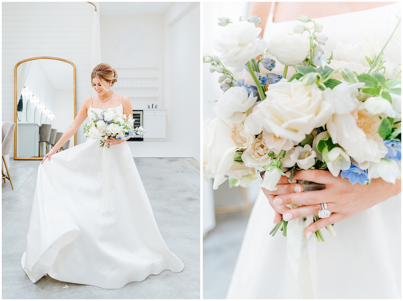 Bride in her Getting Ready Suite at Classic Elegant Florida Wedding with Bouquet detail