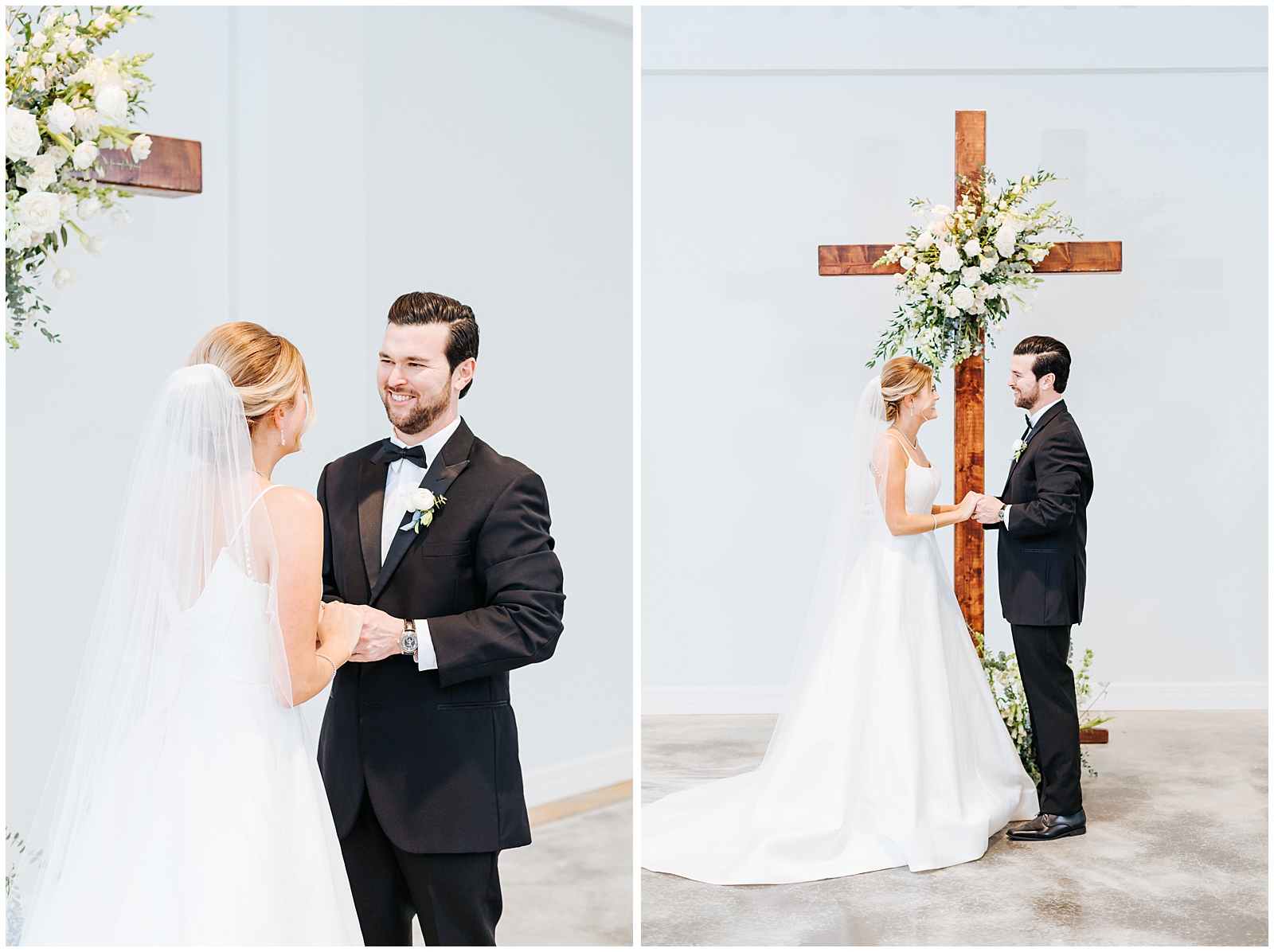 Bride and Groom at Ceremony with wooden cross at Simpson Lakes Events