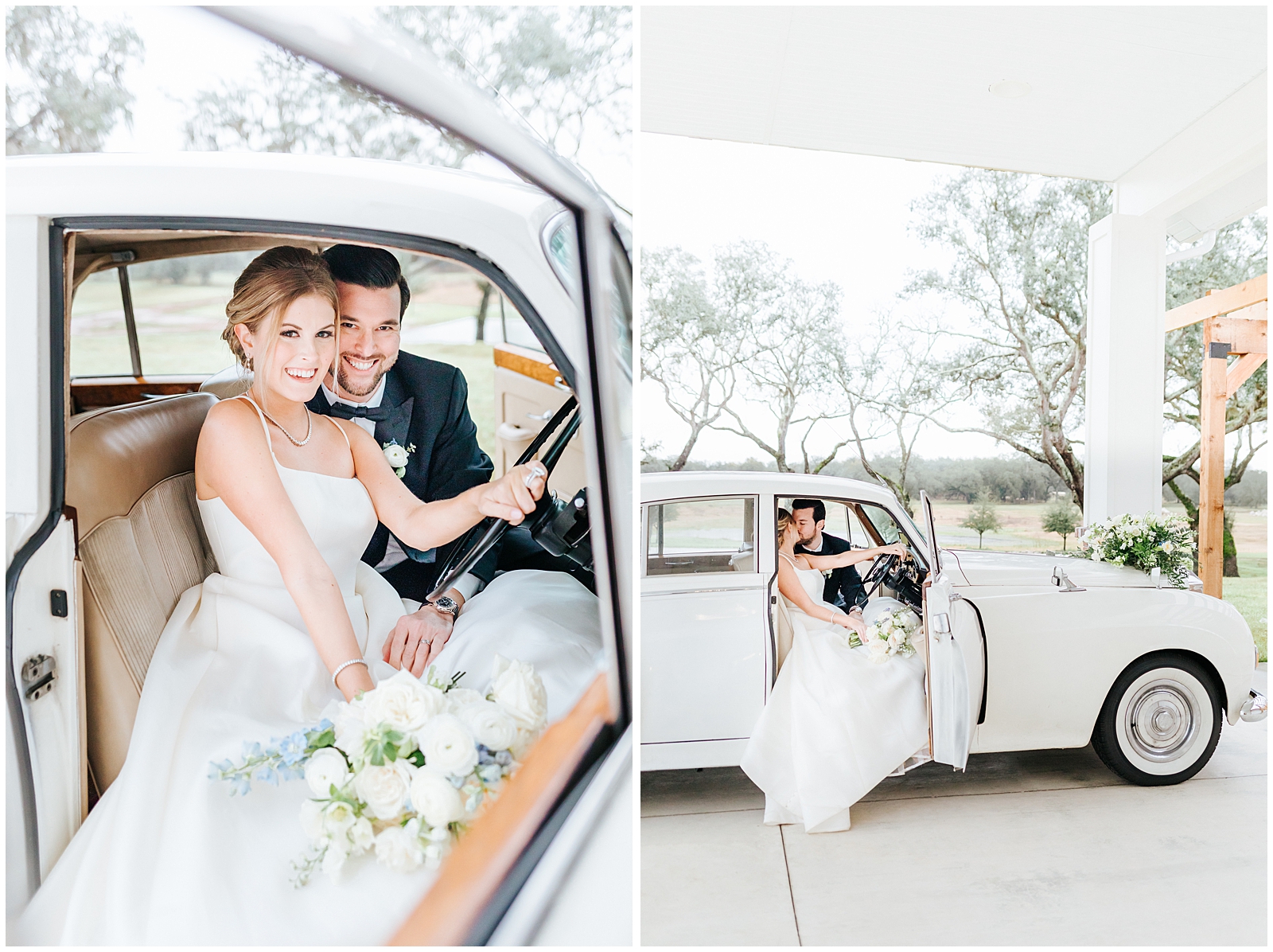 Happy couple at Classic Elegant Florida Wedding - 1961 Rolls Royce White with floral installation