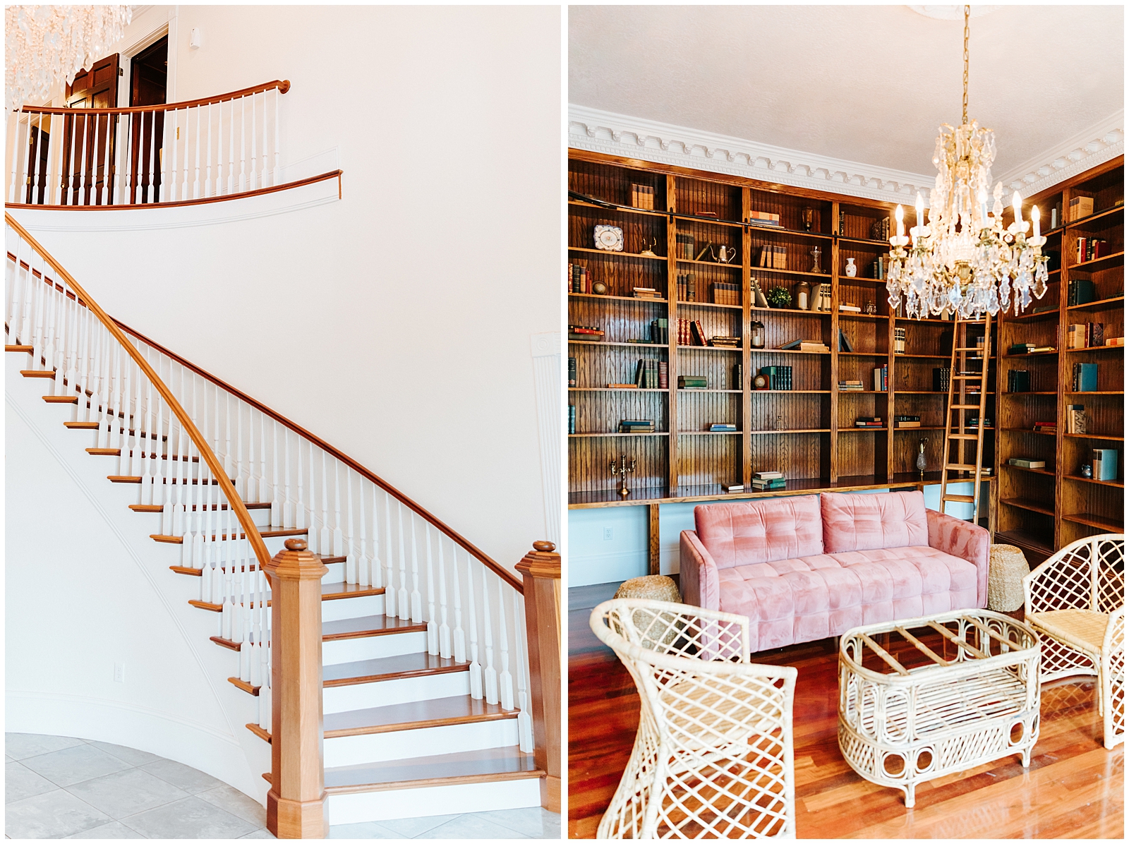 Elegant Staircase with Chandelier and Library at Luxmore Grande Estate Wedding Venue in Orlando, Florida