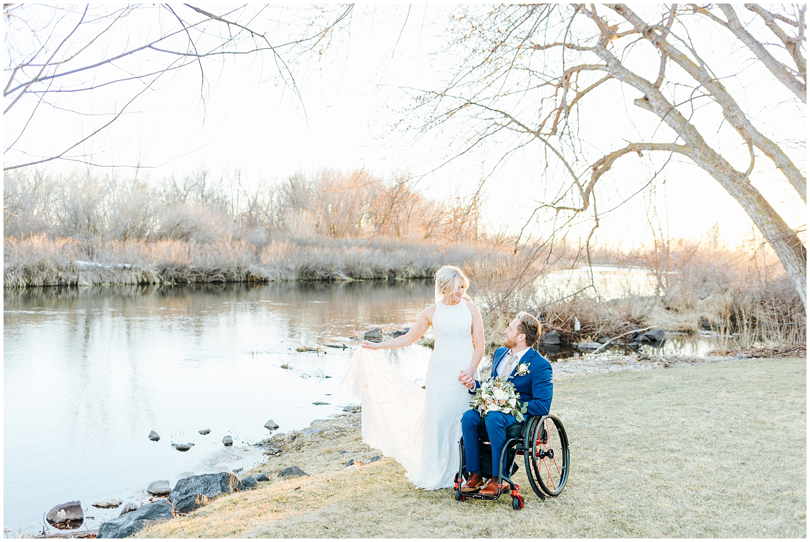 Husband and Wife Golden Hour Portraits at Heartfelt Idaho Spring Elopement Groom in Wheelchair