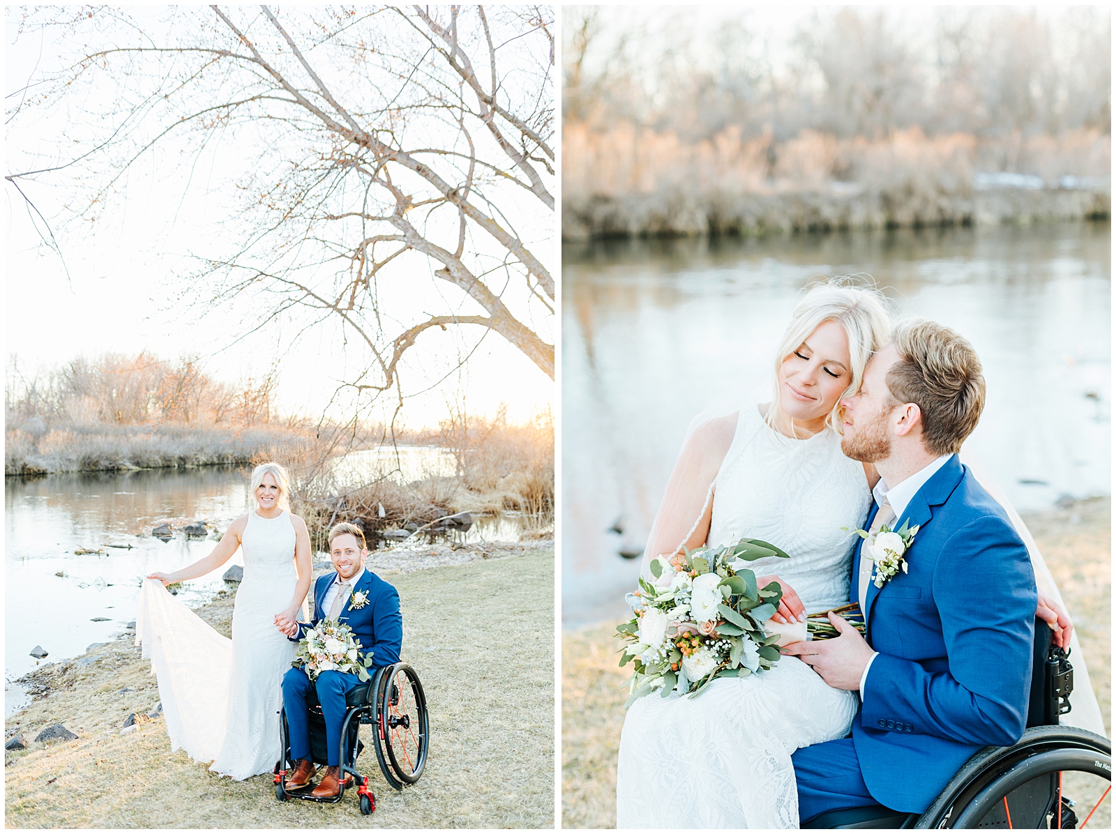 Husband and Wife Golden Hour Portraits at Heartfelt Idaho Spring Elopement Groom Paralyzed