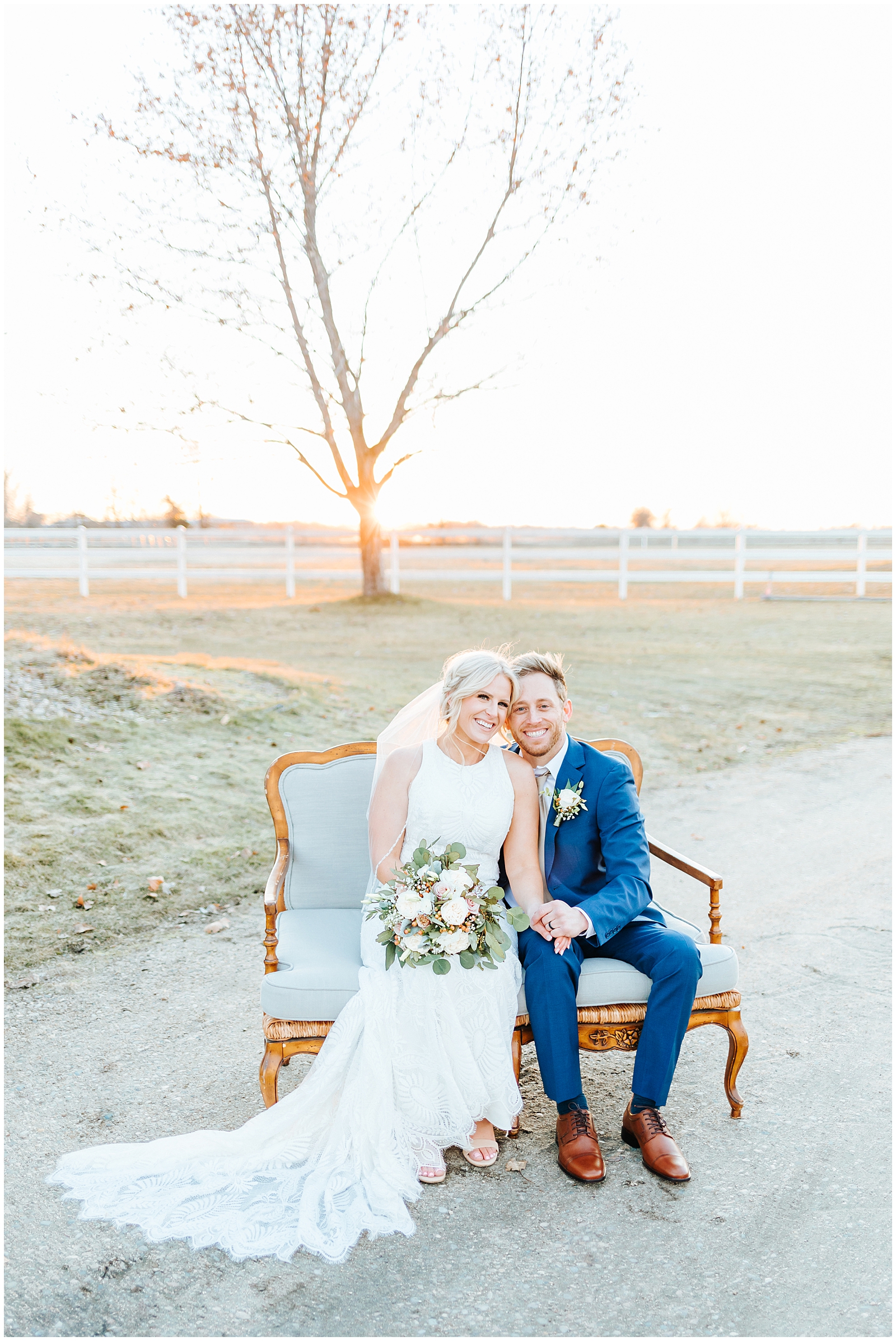 Husband and Wife Golden Hour Portraits at Heartfelt Idaho Spring Elopement with Vintage Settee