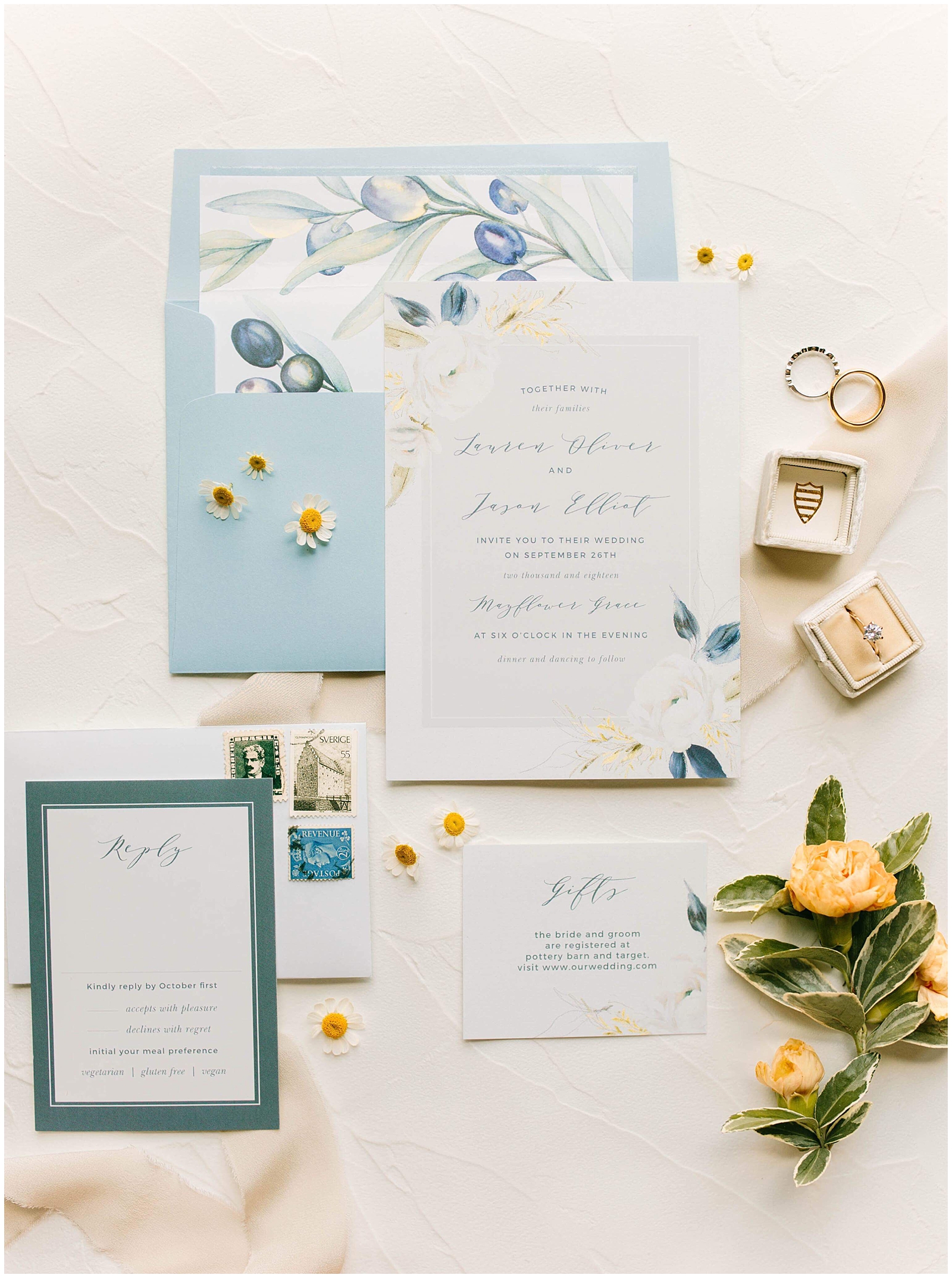 Floral Wedding Invitations in dusty blue from Basic Invite