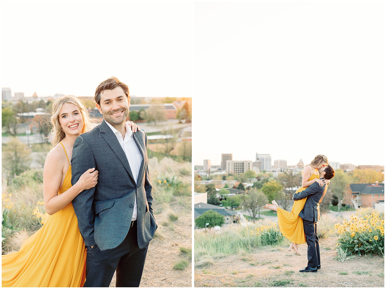 Elegant Boise Foothills Engagement Session in the Wildflowers with Yellow Dress