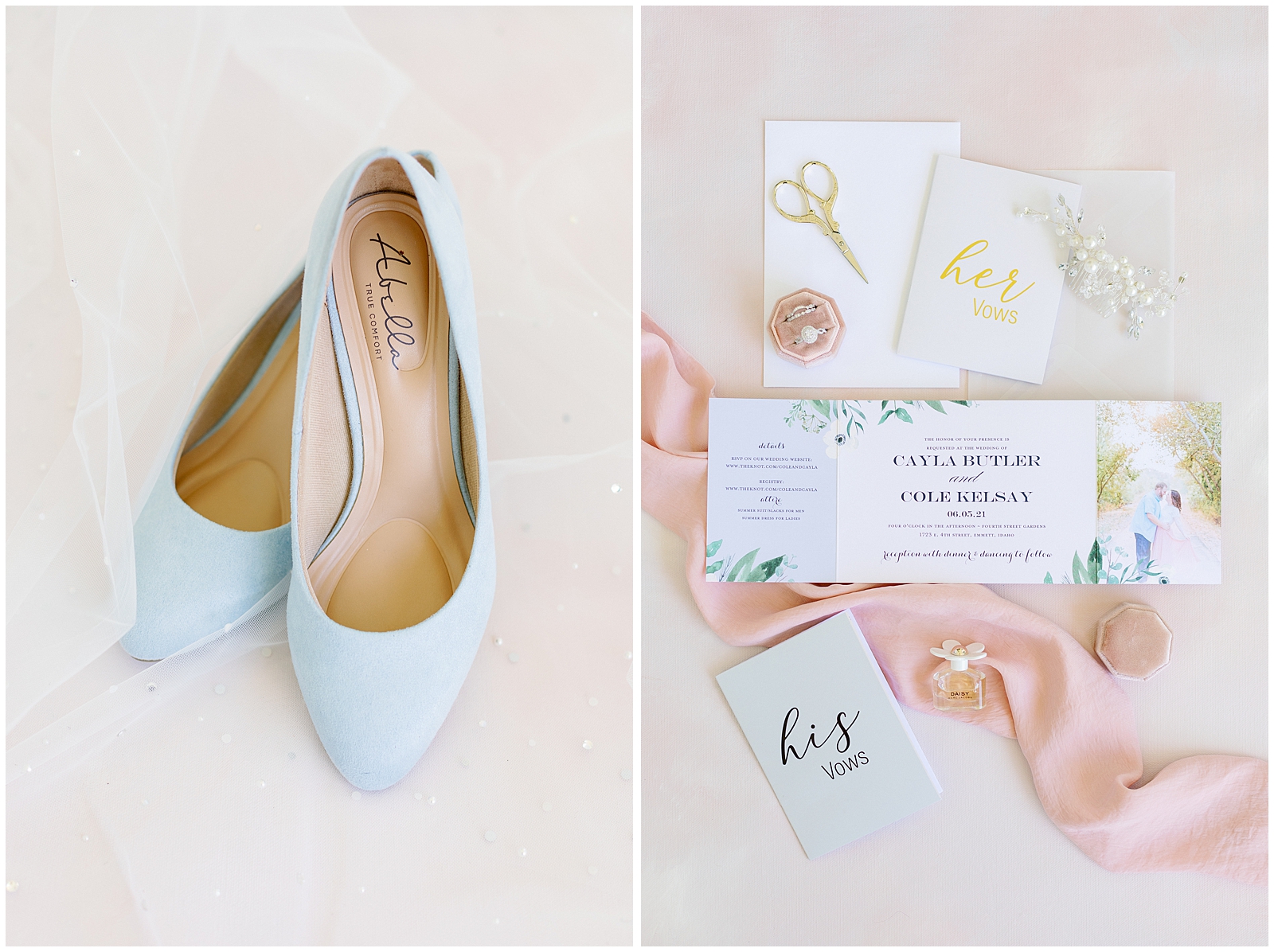 Blush and dusty blue wedding details