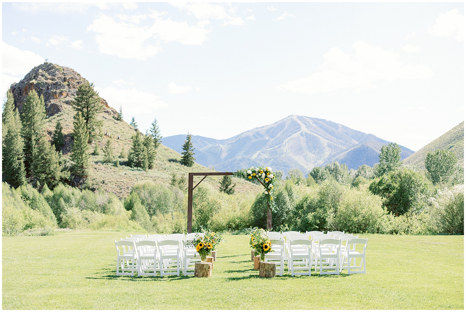 Gorgeous Ceremony Backdrop of Bald Mountain at Sun Valley Wedding Trail Creek Cabin