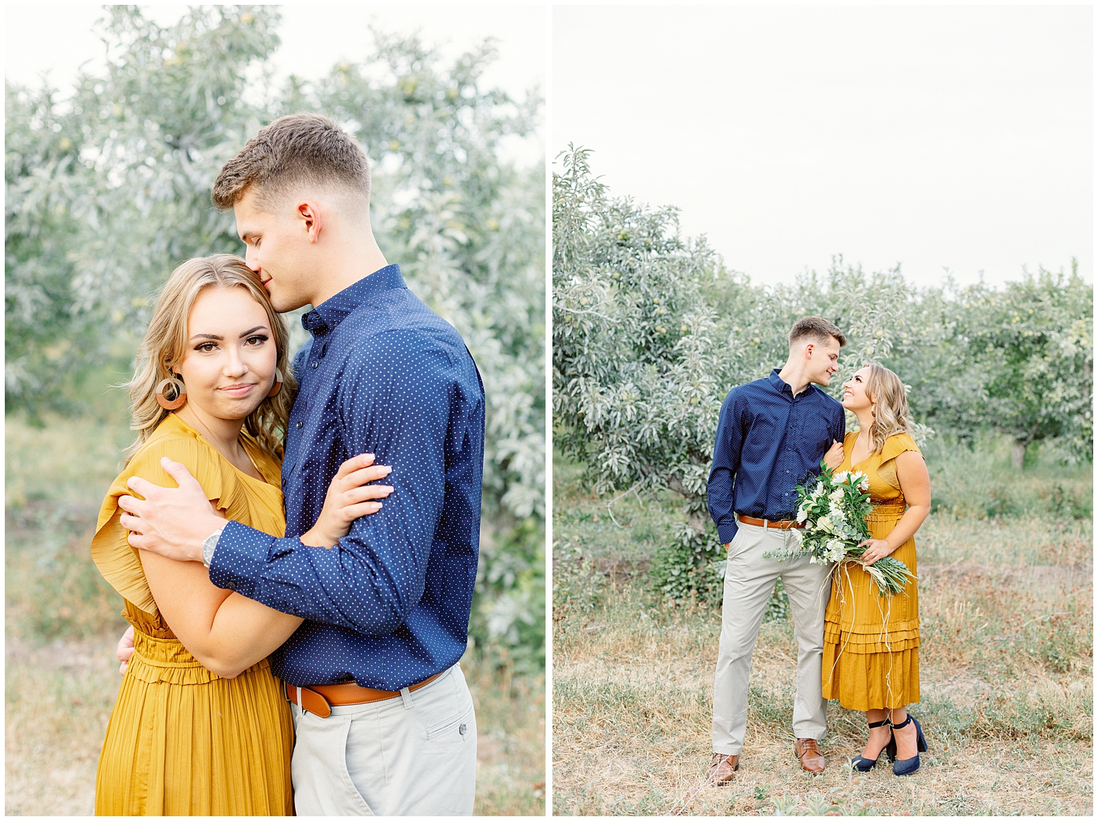Summer Orchard Engagement Session in Navy and Mustard